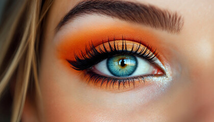 Obraz premium Vibrant eye makeup showcasing bold orange and blue tones for stunning visual appeal