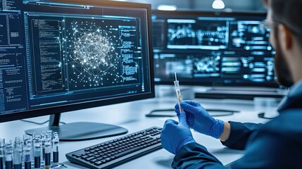 Hand in blue gloves holds a swab in a test tube, examining digital imaging on a computer screen in a laboratory setting