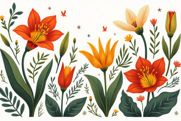 Colorful watercolor illustration with a set of various flowers, floral bouquets with space for text.