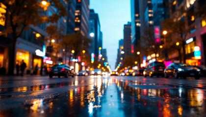 Obraz premium City street illuminated at dusk, reflecting neon lights and rain in a vibrant urban setting