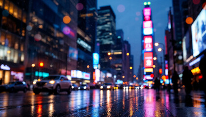 Bright city lights and rainy streets create a vibrant atmosphere in Times Square at night