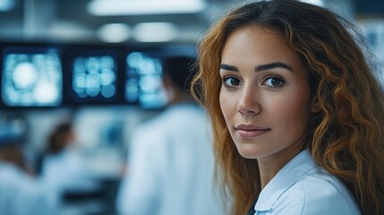 Fototapeta premium Young medical professional engaged in research at a hospital lab during a weekday morning with colleagues analyzing data on screens in the background