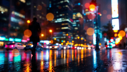 Obraz premium Evening walk through a bustling city street illuminated by neon lights and rain
