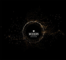 Round isolated frame with shiny golden tinsel, design element.