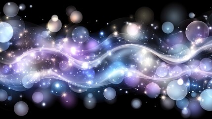 Obraz premium Futuristic representation of glowing waves in blue and purple, enhanced by particle dots against a dark backdrop, ideal for modern designs