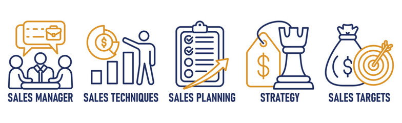  Sales management banner web icon vector illustration concept with icon of manager  sales techniques  planning  strategy  and targets