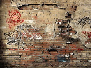 Damaged brick wall with colorful graffiti showcasing urban art in a city alley during the afternoon sunlight