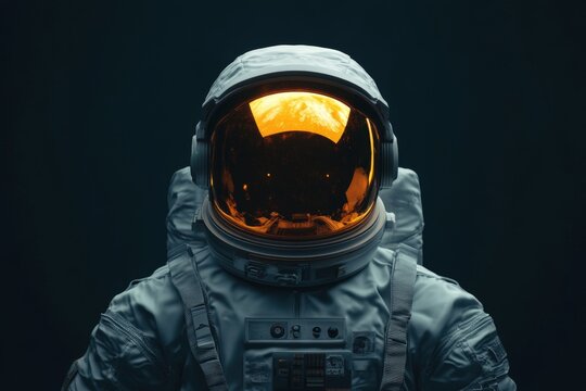 astronaut in space suit with glowing visor against dark background