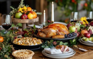 Elegant holiday dinner table featuring a roasted turkey centerpiece, seasonal fruits, side dishes, candles, and warm autumnal decor for festive gatherings and celebrations