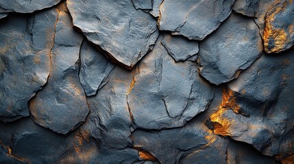 Fototapeta premium Textured stone wall featuring jagged, dark gray rocks with hints of orange hues, showcasing natural beauty and ruggedness in an abstract design