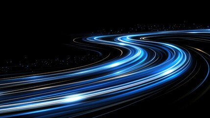 Curved road with motion blur effect amid blue light speed lines reflecting high-speed technology and online network themes