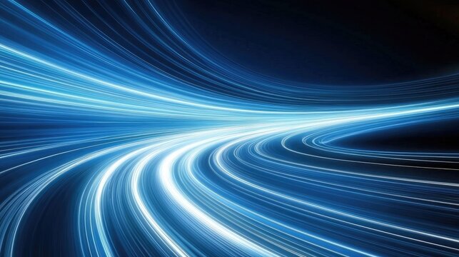 Curved road with motion blur effect amid blue light speed lines reflecting high-speed technology and online network themes