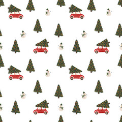 A festive vector pattern featuring red cars with Christmas trees and snowmen on a white background. Perfect for holiday designs, gift wrap, and seasonal decorations.
