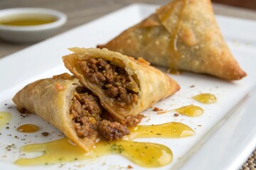Close-up shot of keema samosa with melted butter on a white surface, Indian snacks, crispy texture, fried keema samosa, ground beef