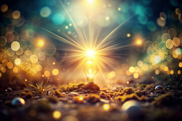 Naklejka premium glowing light bulb surrounded by shimmering bokeh and soft colors creates ethereal atmosphere