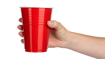 Isolated hand holding a red plastic cup against a white background