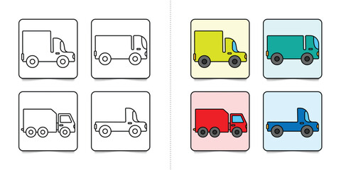 Toddlers trucks or vehicles, set of kindergarten kids coloring pages with flat colorful illustration for inspiring isolated on white background