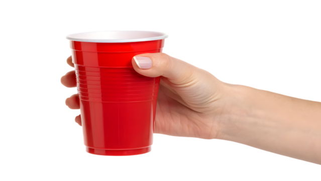 Isolated hand holding a red plastic cup against a white background