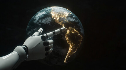 a futuristic robotic hand reaching out to touch a glowing Earth from space symbolizing artificial intelligence and global technology advancement
