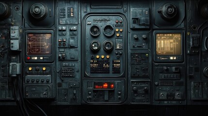 Fototapeta premium Complex vintage industrial control panel with screens and buttons