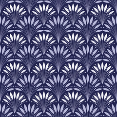 Art Deco seamless pattern. Geometric decorative texture with white leaves. Floral vector illustration on blue background.