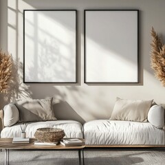 Cozy Modern Living Room with Blank Frames and Natural Decor
