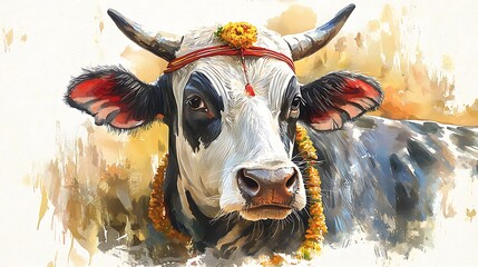 Ornate Cow Portrait Watercolor Painting of Sacred Bovine Animal