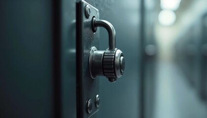 Close-up of a combination lock on a student locker in a school hallway