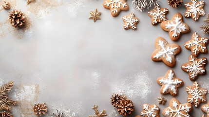 Christmas background with gingerbread cookies. Christmas greeting card with gingerbread cookies over grey background, top view. Flat lay with copy space for xmas greetings.