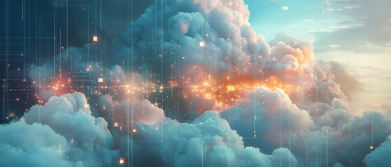 cloud computing technology with network connections and data transfer in the sky