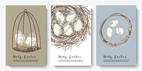 Holy Easter cards. Cute egg, nest, easter cake, willow. Eco decoration. Vector flat cartoon illustration. Perfect for poster, print, card, invitation, greeting, tag