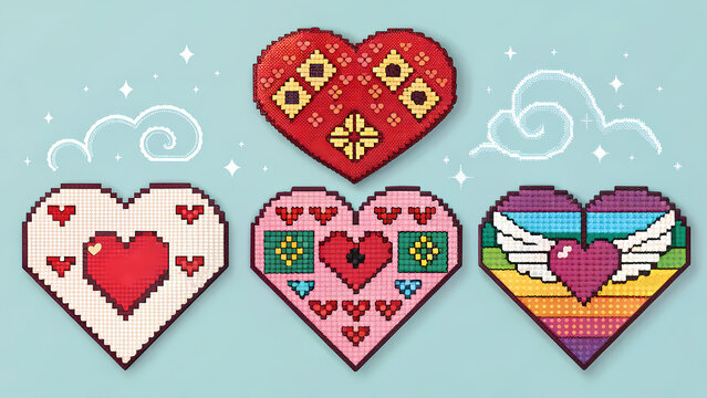 This image features a collection of five decorative heart shapes, each rendered in a stylized pixel art or cross-stitch aesthetic. - Powered by Adobe