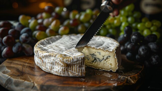 Blue cheese wheel being sliced with knife for food styling and gourmet culinary photography
