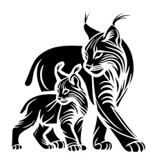A black and white silhouette of lynx with baby, minimalist stroke lines, minimalist art, vector, isolated, transparent background, Mother's Day