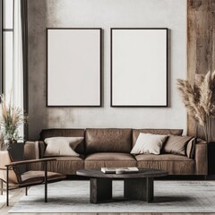 Cozy Interior Scene with Modern Sofa, Blank Frames, and Plants