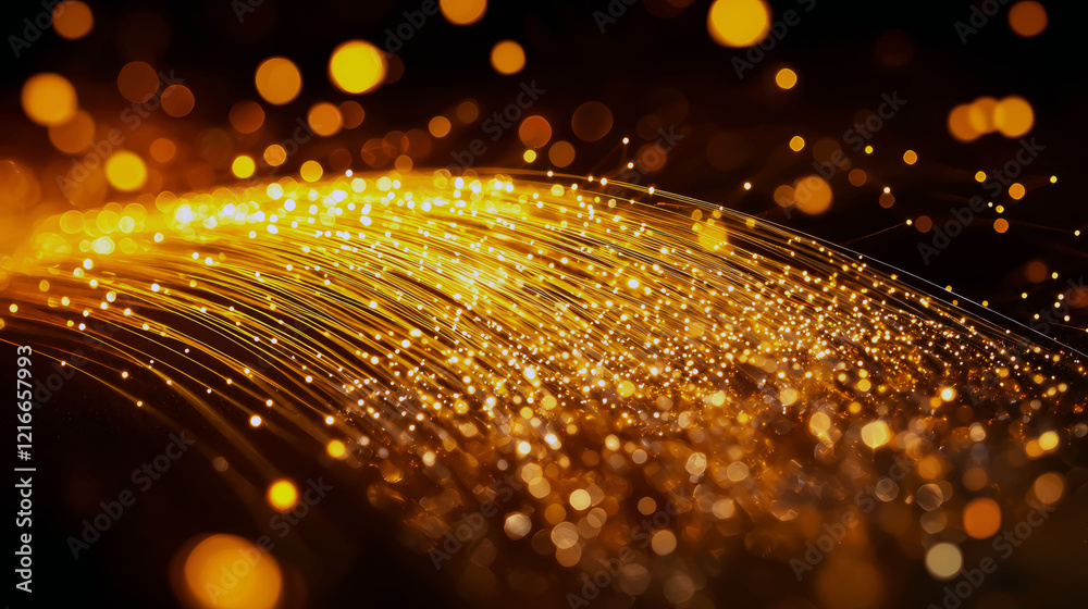 Canvas Prints Golden Fiber Optics: Abstract Network Connections, Bright Light, Sparkling Bokeh Background