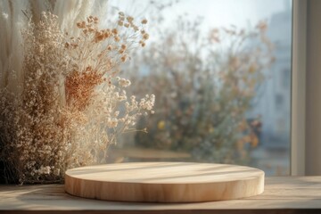 Fototapeta premium Natural Wood Pedestal with Dried Flowers in Soft Sunlight Scene
