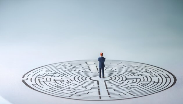 businessman stands facing a complex maze pattern, symbolizing challenges and decision