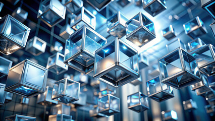 Floating metallic cubes create serene, abstract atmosphere in blue tones