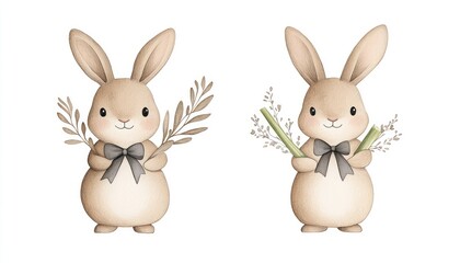 Obraz premium Two adorable cartoon rabbits holding branches and flowers, set against a simple white background