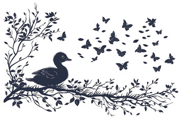 Fototapeta premium Silhouette of duckling on branch, surrounded by butterflies and leaves.