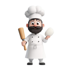 3d chef character holding a rolling pin and preparing dough in a kitchen environment.