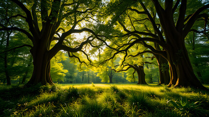 Naklejka premium Enchanted forest field with glowing blooming flowers sunset sunlight, idyllic peaceful nature. Amazing landscape green spring summer scenery. Sunlit floral lush meadow blue sky. Inspire green serenity
