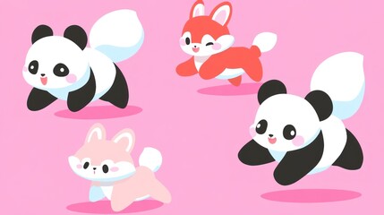 Naklejka premium Cute cartoon pandas and foxes playing.