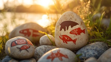 Native American painted stones. Traditional Indigenous Indian banner design.