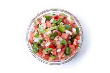 Traditional Mexican Pico de Gallo sauce isolated on white background. Top view