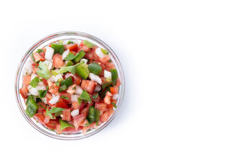 Traditional Mexican Pico de Gallo sauce isolated on white background. Top view. Copy space