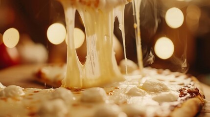 Melted mozzarella cheese stretching from a pizza slice for cozy food branding or indulgent menu promotions in warm settings
