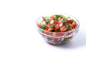 Traditional Mexican Pico de Gallo sauce isolated on white background. Copy space