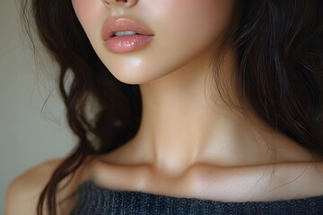 Obraz premium Elegance and Beauty: Close-Up of a Woman's Lips and Collarbone